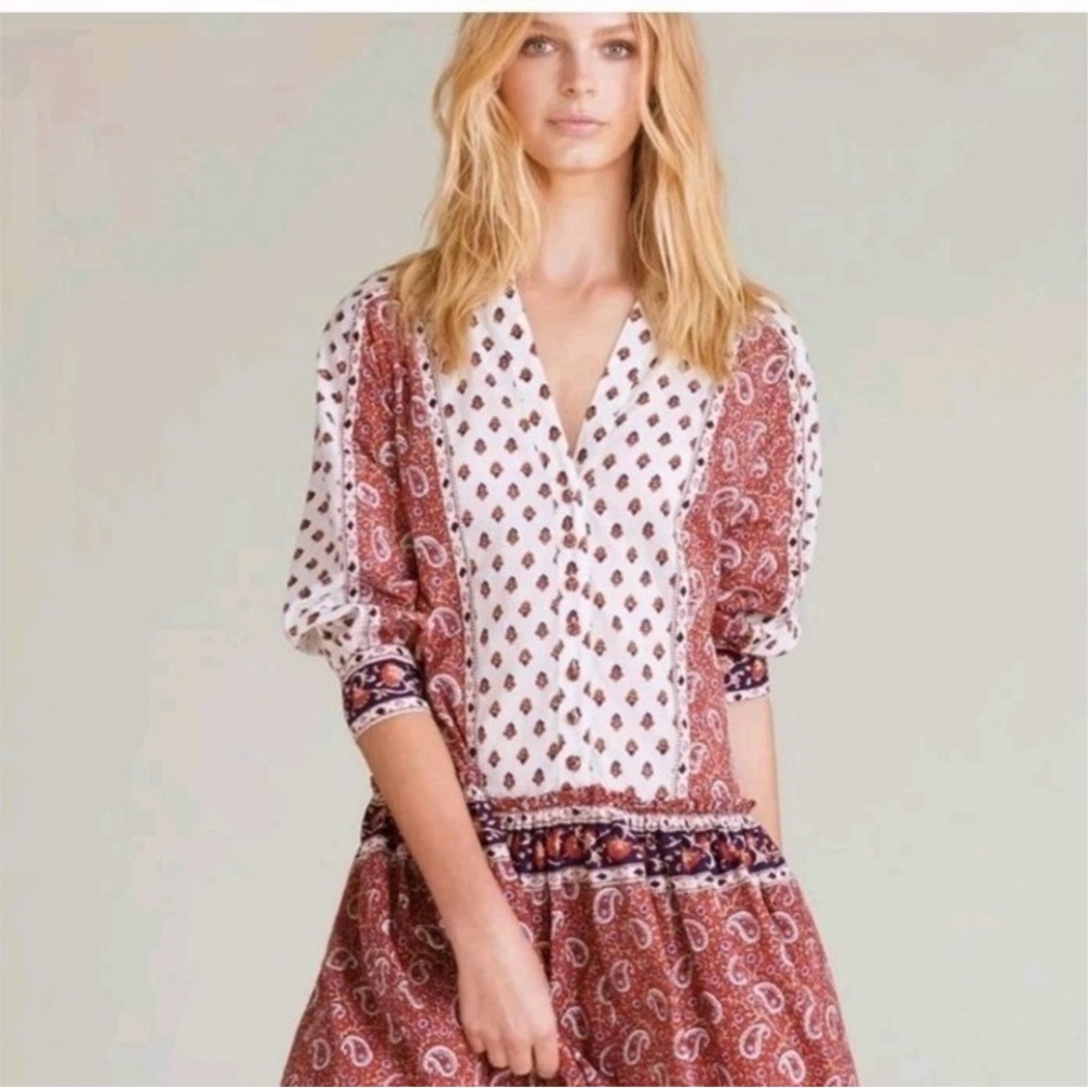 Veronica Beard Jesila Patchwork Mini Dress Womens M Long Sleeve Paisley Peasant